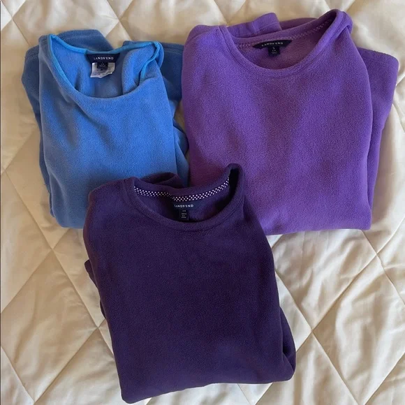 Lands' End Trio of Long Sleeve size 6-8 crew fleece- lavender, Blue, Dark Purple - Picture 2 of 2